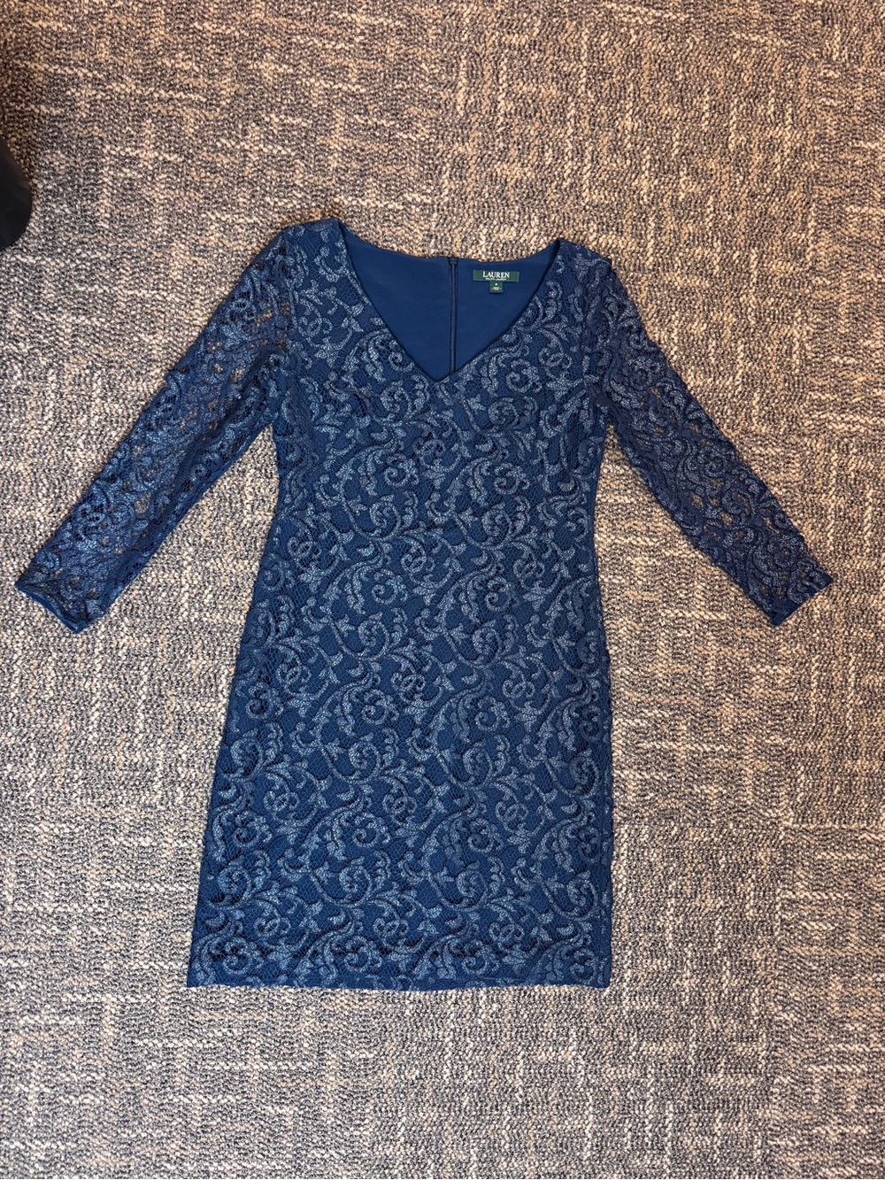 Lauren Ralph Lauren Navy Metallic Lace‎ V-Neck Dress 6